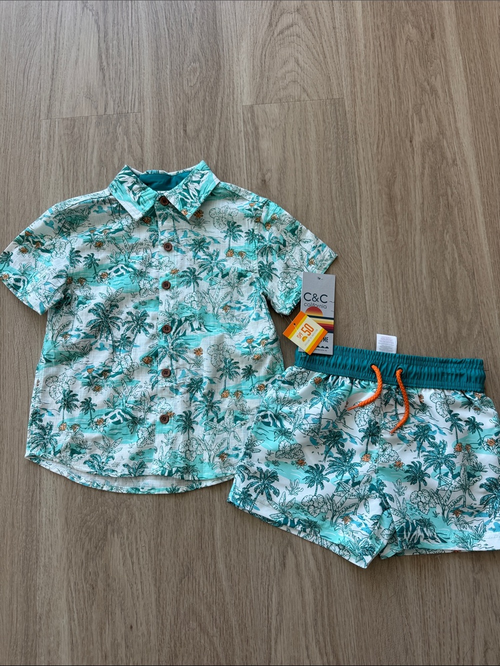 C&C California Teal and White Palm Print Shirt & Shorts Set